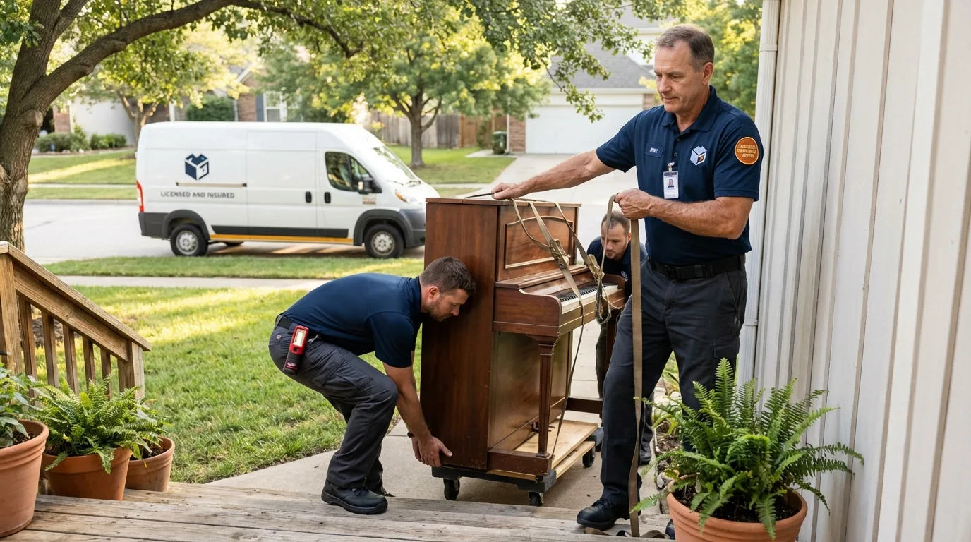 Licensed piano movers securing grand piano in Berne, IN